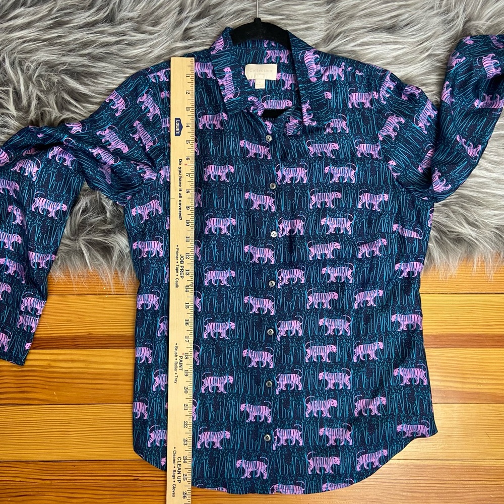J. Crew Teal Button-Up Blouse with Pink Tiger Print - Picture 11 of 11